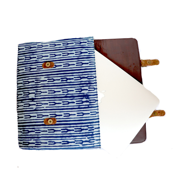 Kirgiti's Vegan Leather and Dabu Print Canvas Indigo Fork 'Unisex' Laptop Sleeve - 15" - image 3